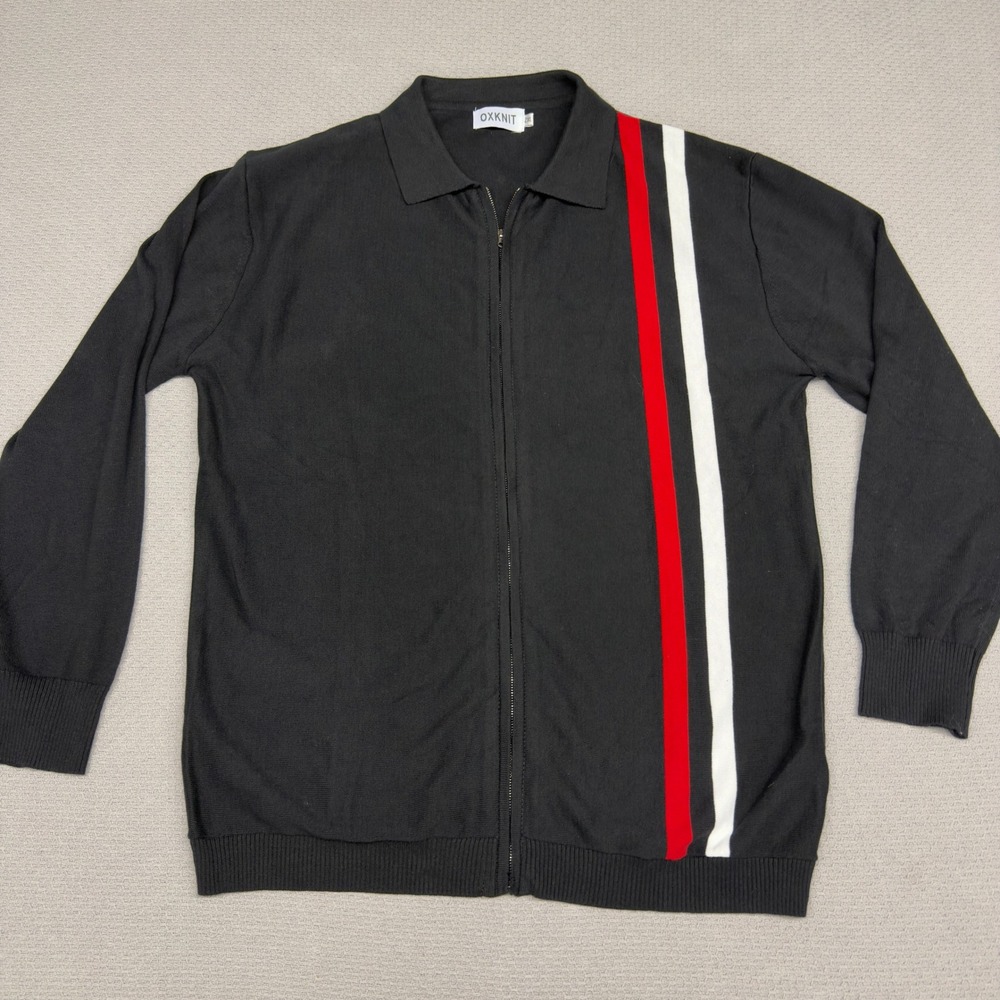 OXKNIT Cardigan Sweater Mens 2XL Black Full Zip Cotton Knit Striped Polo Retro